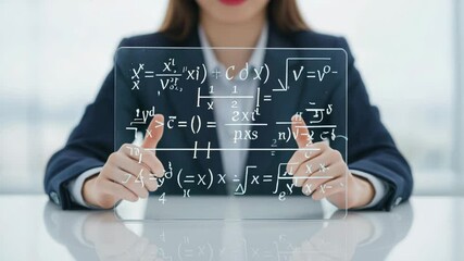 Woman's hands interact with digital screen showing math formulas	 - Powered by Adobe