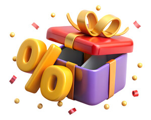3D open gift box with yellow percentage tag and colourful confetti for special offers, holiday deals, and surprises