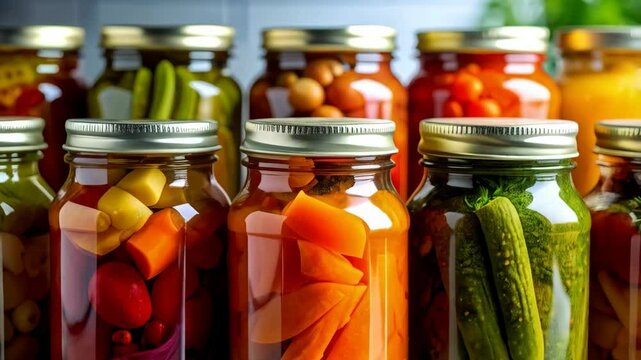 Assortment of colorful pickled vegetables and fruits preserved in glass jars with golden lids, displayed as homemade canned goods, food preservation