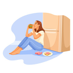 Young woman sitting on the floor near a refrigerator eating a sandwich, casual cartoon style, indoor environment, concept of emotional eating. Vector illustration