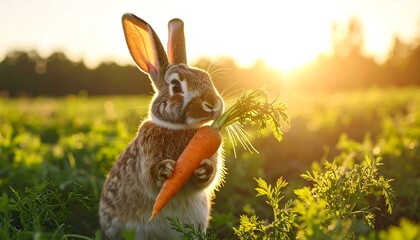 Bunny eating carrot at sunset.