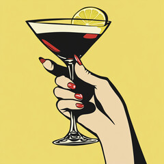 A woman's hand gracefully holds a cocktail, capturing a moment of elegance and sophistication in a stylish setting.
