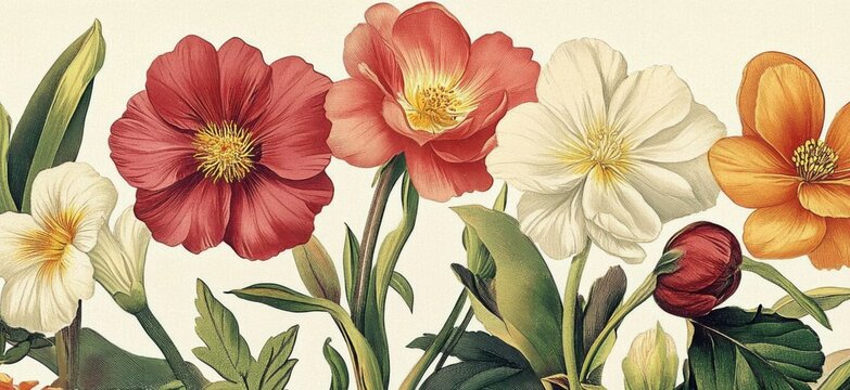 Classic botanical illustration of flowers.Vintage Florals. the arrival of spring.