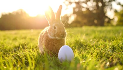 Bunny with Easter egg, and sunset field.