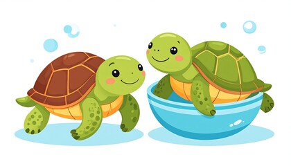 Cute turtles in bowl with ocean scene.