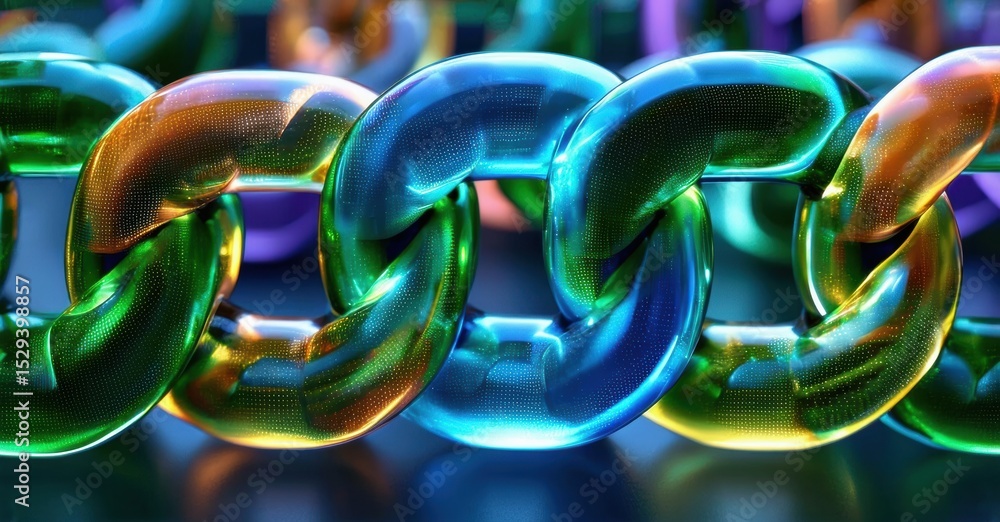 Poster colorful metal chain links display vibrant reflections. smooth surfaces create glossy, rounded shape