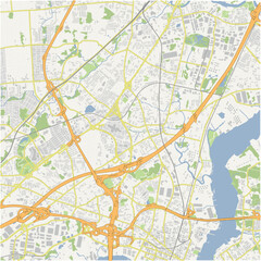 Map of Woodbridge in New Jersey in a normal road map style. Contains layered vector with roads water, parks, etc.
