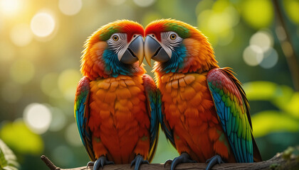 Fototapeta premium a pair of macaw parrots perch side by side on a sunlit branch, their feathers an explosion of vivid color—scarlet, sapphire, emerald, and gold. Their curved beaks are strong and glossy