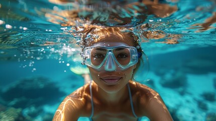 Fototapeta premium A captivating underwater image of a diver gracefully exploring vibrant marine life while wearing snorkel gear, emphasizing the beauty of aquatic ecosystems and the spirit of adventure.