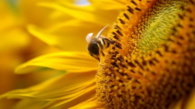 Bright yellow sunflower with a bee landing and taking off, captured in a dynamic close-up full of summer energy and natural detail.
