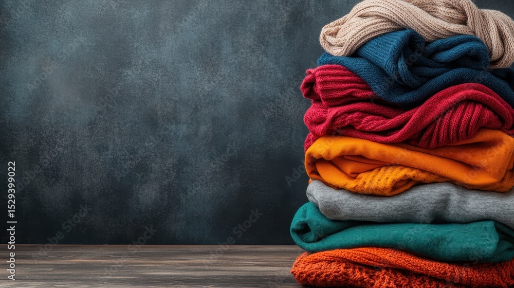 Poster a visually appealing image featuring a neatly arranged stack of colorful clothing sweaters on a rust