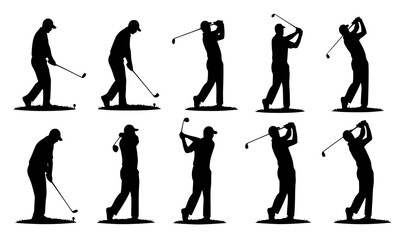 Obraz premium Essential Golf Swing Silhouettes A Detailed Collection Showcasing Key Poses and Techniques to Enhance Your Golfing Skills and Performance.