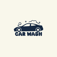 Vector logo illustration of a car wash concept, showing a car outline surrounded by soap foam and accompanied by clean, simple typography.