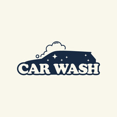 Minimalist car wash logo with a smooth vehicle silhouette, foam bubbles, and clear sans-serif lettering isolated on bright background. Designed for car wash stations and garage branding.