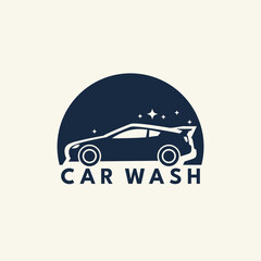 Clean and modern vector logo design for a car wash service featuring a sleek car silhouette with soap bubbles and simple typography isolated on bright background