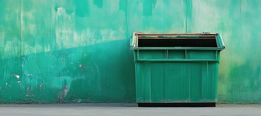 Open green trash container near the wall