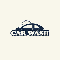 Clean and modern vector logo design for a car wash service featuring a sleek car silhouette with soap bubbles and simple typography