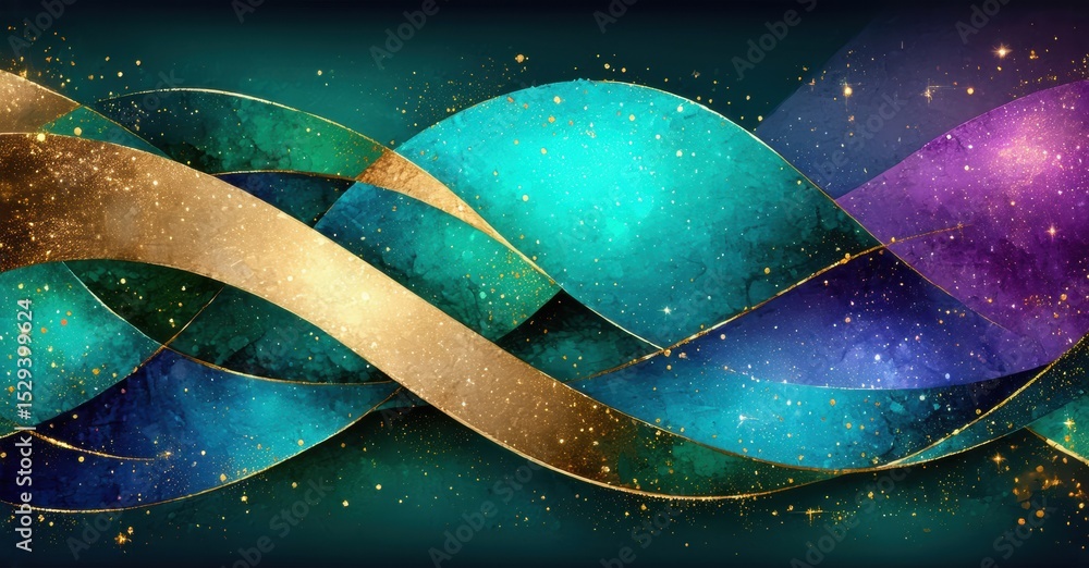 Poster abstract waves, vibrant colors, golden accents. galaxy textures create flowing, dynamic pattern. dar