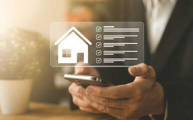 A businessman uses a mobile app to manage his real estate checklist showcasing a convenient home buying process using technology for property management and homeownership.