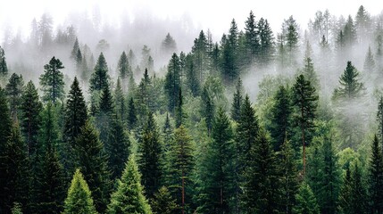 Fototapeta premium Aerial view of dense pine forest shrouded in mist, treetops veiled by low clouds, green trees contrasting with soft white fog for ethereal tranquil atmosphere.