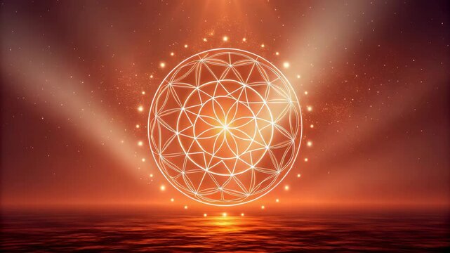 Serene sunset landscape featuring a glowing Flower of Life geometric symbol spirituality meditation yoga energy peace harmony