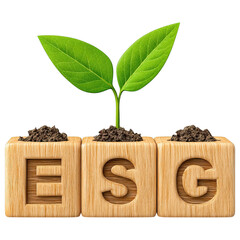 Sustainable growth represented by ESG letters wooden blocks with green plant sprouting from soil, symbolizing environmental