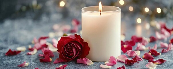 White candle with rose and flower petals