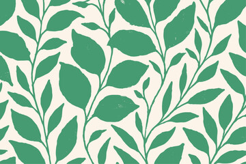 Elegant vector pattern of stylized green leaves on winding branches. Light cream background. Organic botanical art for fabric, wallpaper, or decor.
