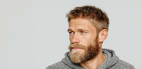 Portrait of a Handsome Man with a Well-Groomed Beard Isolated on White Background – Stylish Male Model with Facial Hair, Copy Space