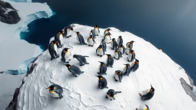 Gentoo penguin colony in the South Pole, Antarctic Peninsula. A large group of wild animals resting on a snowy hill, cold sea and mountains in the background. 4k video