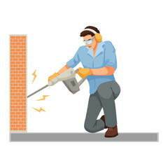 Worker drilling brick wall with jackhammer, flat graphic style, white background. Concept of noise, construction work, and pollution. Vector illustration