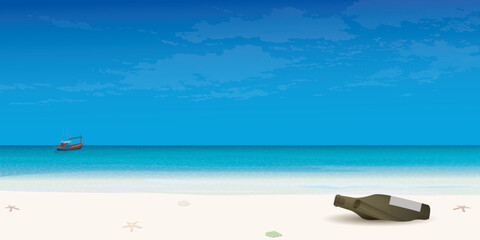 A letter in a bottle of liquor on white sand beach with fishing boatin the middle of the sea against the blue sky graphic illustration.