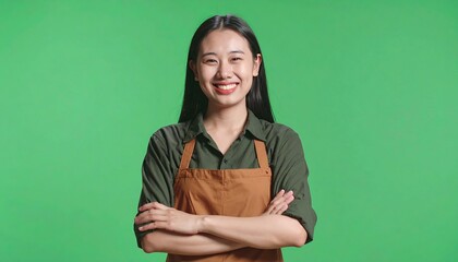 Smiling woman with green screen, and apron.