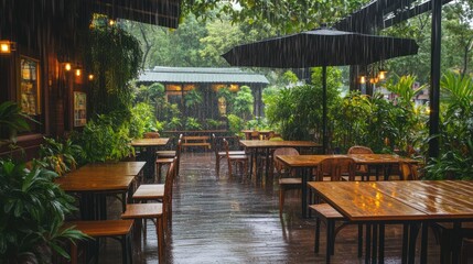 Outdoor rain-soaked cafe with wooden tables and chairs. Lush greenery surrounds the patio