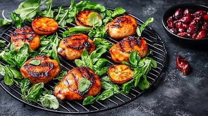 Delicious grilled chicken thighs with fresh basil and grilled oranges on a black surface