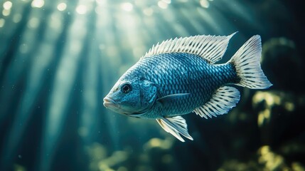 Close-up of a blue fish in an aquarium, sunlight beams