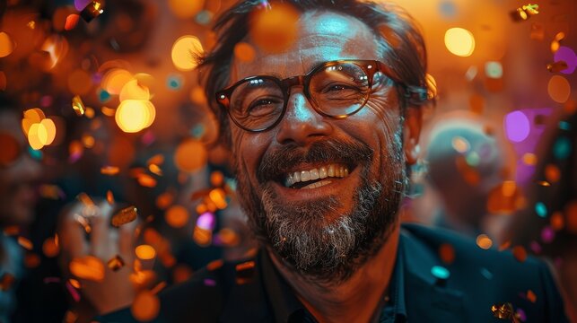 This vibrant image captures a joyous man laughing heartily, surrounded by colorful confetti that reflects the celebratory spirit of festivities and personal happiness.