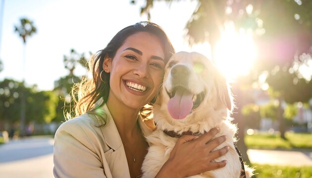 Happy woman hugging Golden Retriever. - Powered by Adobe
