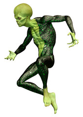 3D Rendering Green Alien on White