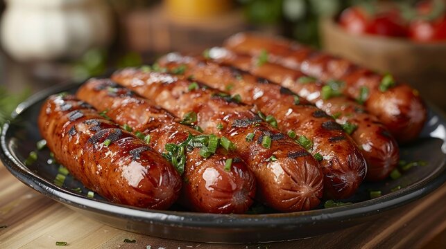 A delicious arrangement of perfectly grilled sausages garnished with fresh herbs, served on a platter, evoking a sense of appetite and culinary delight.