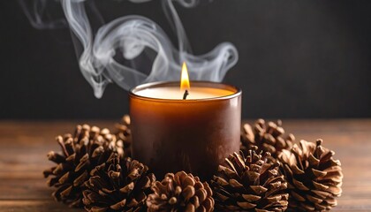 Burning candle with pine cones, and dark wood.