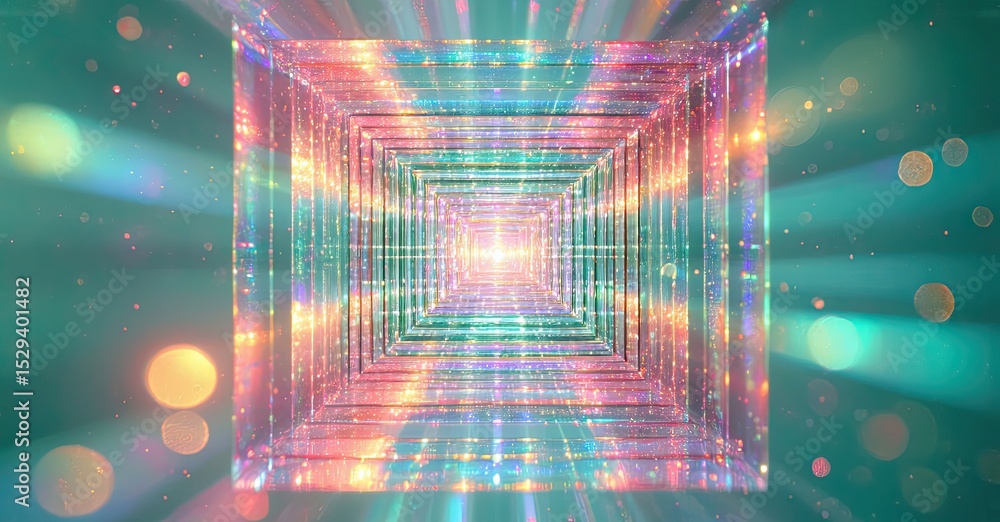 Poster Infinite tunnel constructed from colorful glowing cubes. Bright light emanates toward viewer. Teal background features bokeh effects.