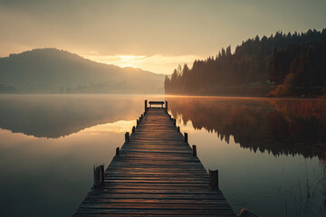 Obraz premium Wooden Pier at Sunset Over Misty Lake with Forested Hills and Pastel Glow