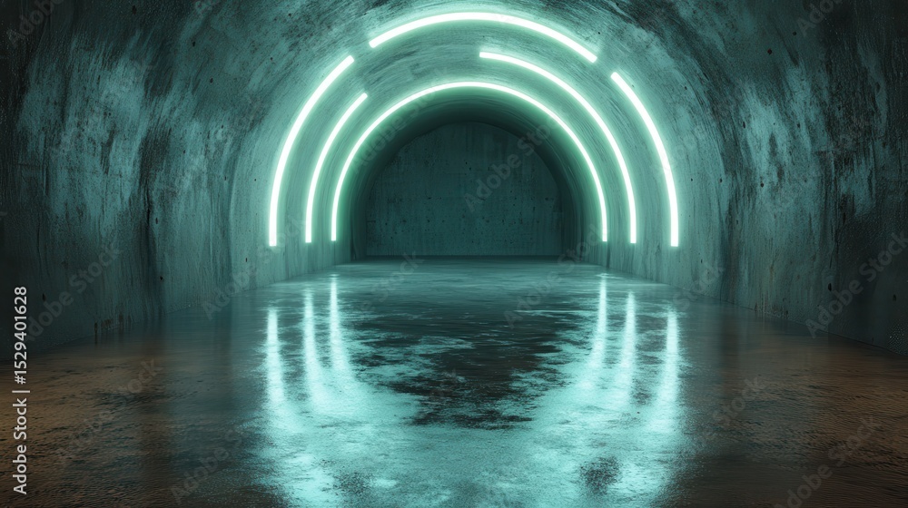 Poster a mysterious and futuristic underground tunnel is illuminated by glowing neon lights, creating a cap