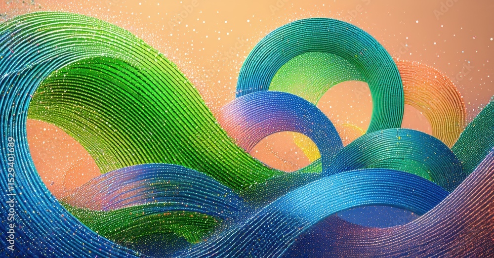 Poster colorful ribbons intertwine, creating abstract waves. sparkles enhance vibrant hues, forming dynamic