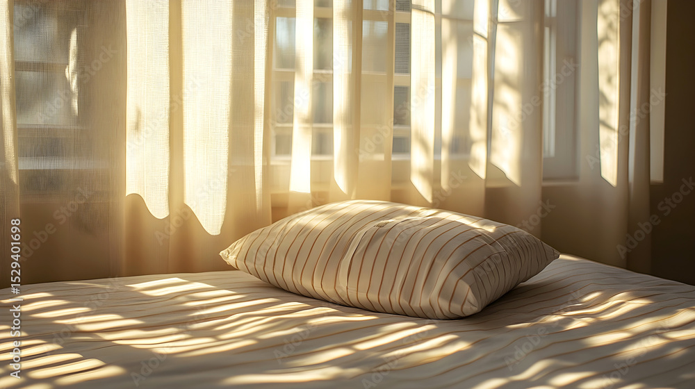 Poster soft sunlight filters through sheer curtains, casting gentle shadows on a neatly made bed with a str