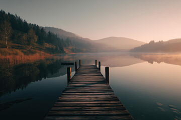 Naklejka premium Wooden Pier at Sunset Over Misty Lake with Forested Hills and Pastel Glow