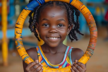 A happy young girl joyfully smiles while holding a colorful hula hoop, radiating innocence and exuberance in an engaging outdoor play environment filled with creativity and fun.