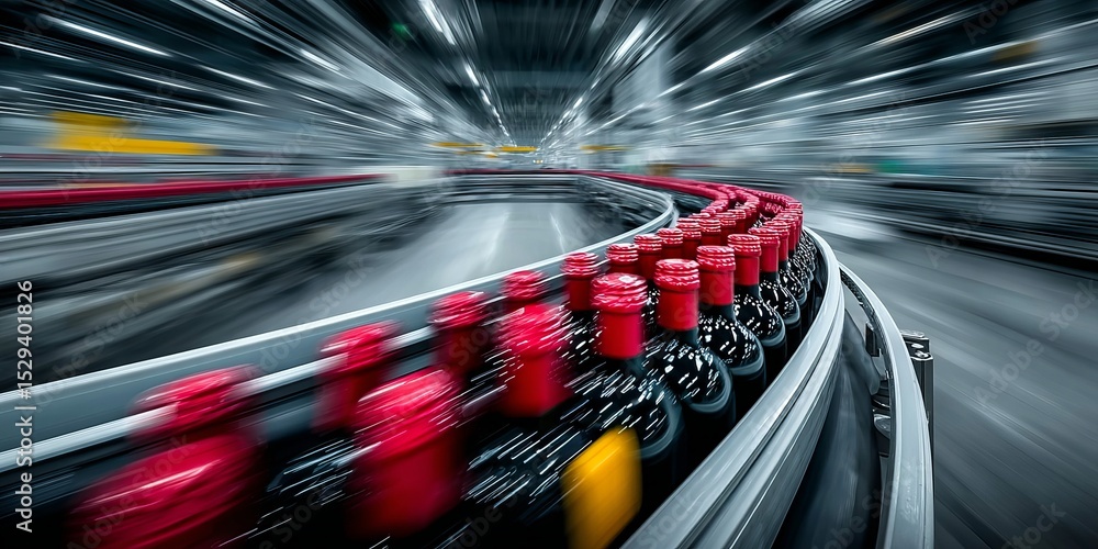 Poster red wine bottles moving at high speed on curved conveyor line inside modern automated factory
