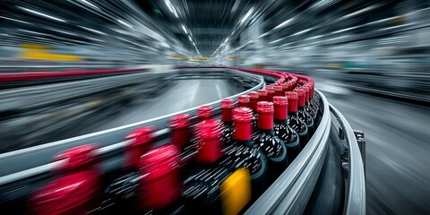 Red wine bottles moving at high speed on curved conveyor line inside modern automated factory